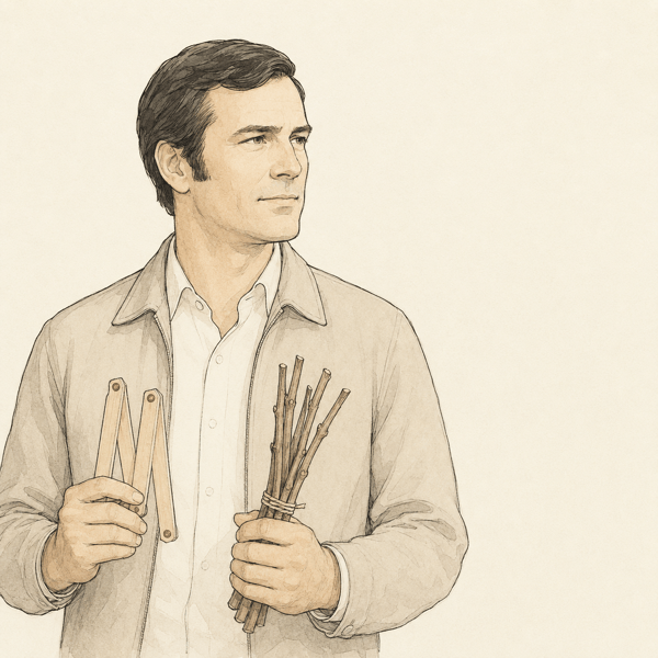 1970年代のアメリカ人実業家を思わせる人物の線画イラスト。大工の折尺と接ぎ木苗の束を手にしている