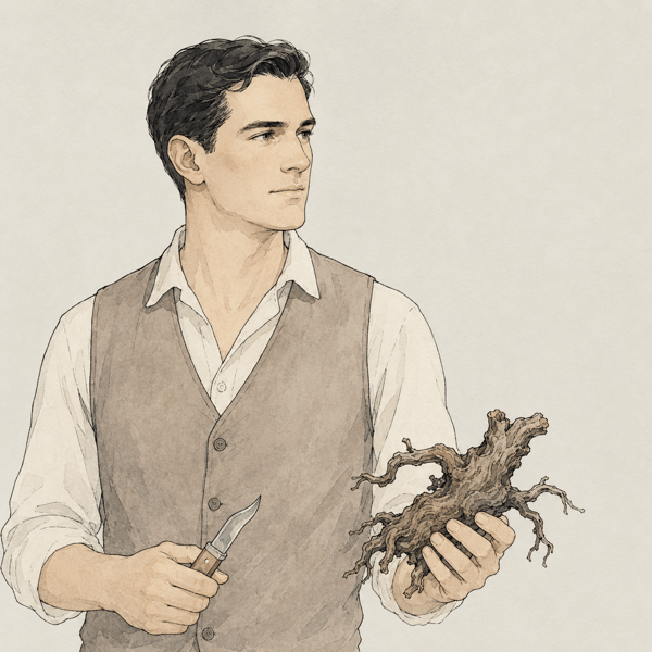1950年代末のオーストラリア人醸造家を思わせる人物の線画イラスト。古樹の根と小さな剪定ナイフを手にしている