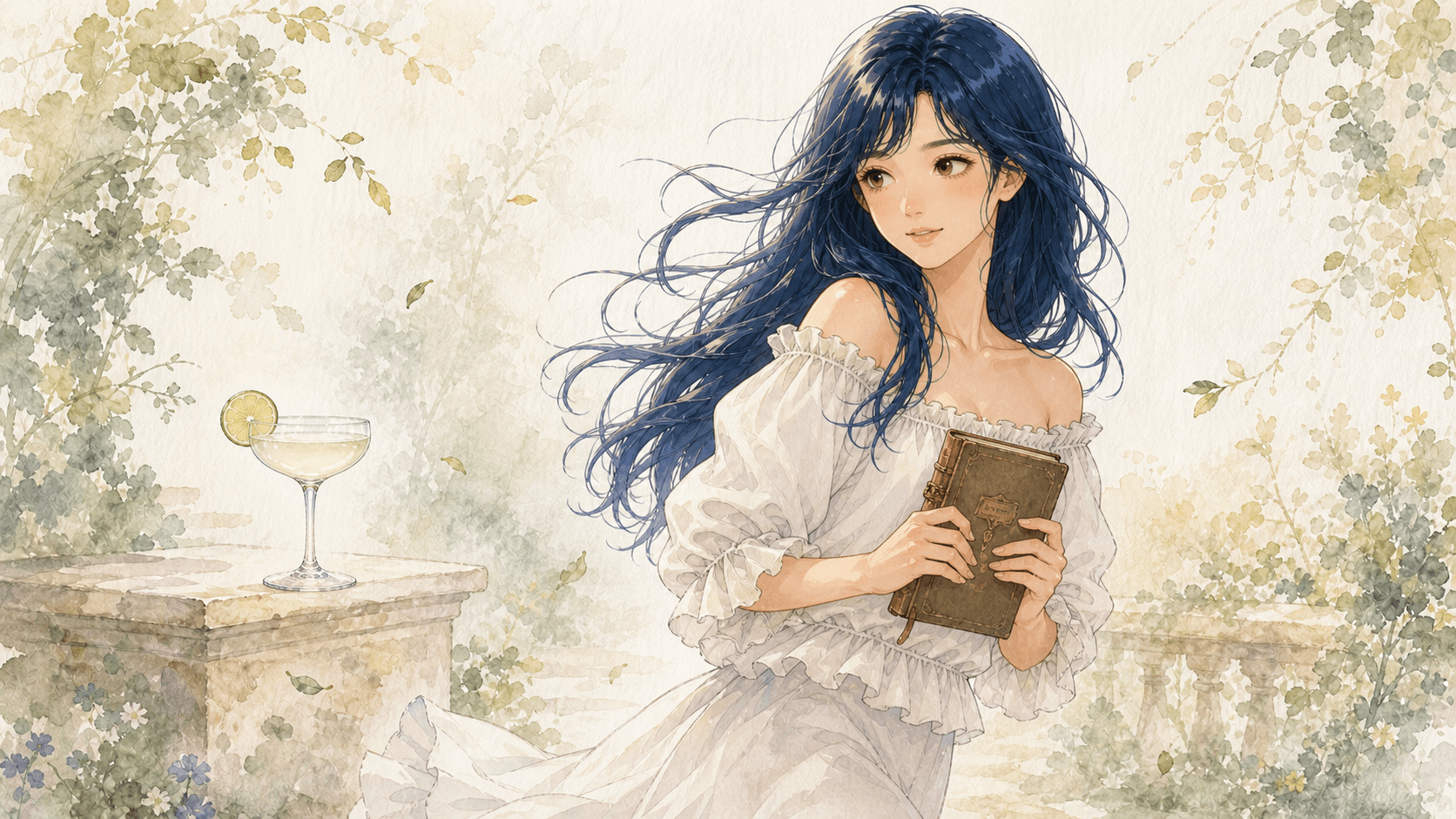 Watercolor illustration of Yuki walking with a research notebook while a pale Daiquiri rests on a separate stone plinth