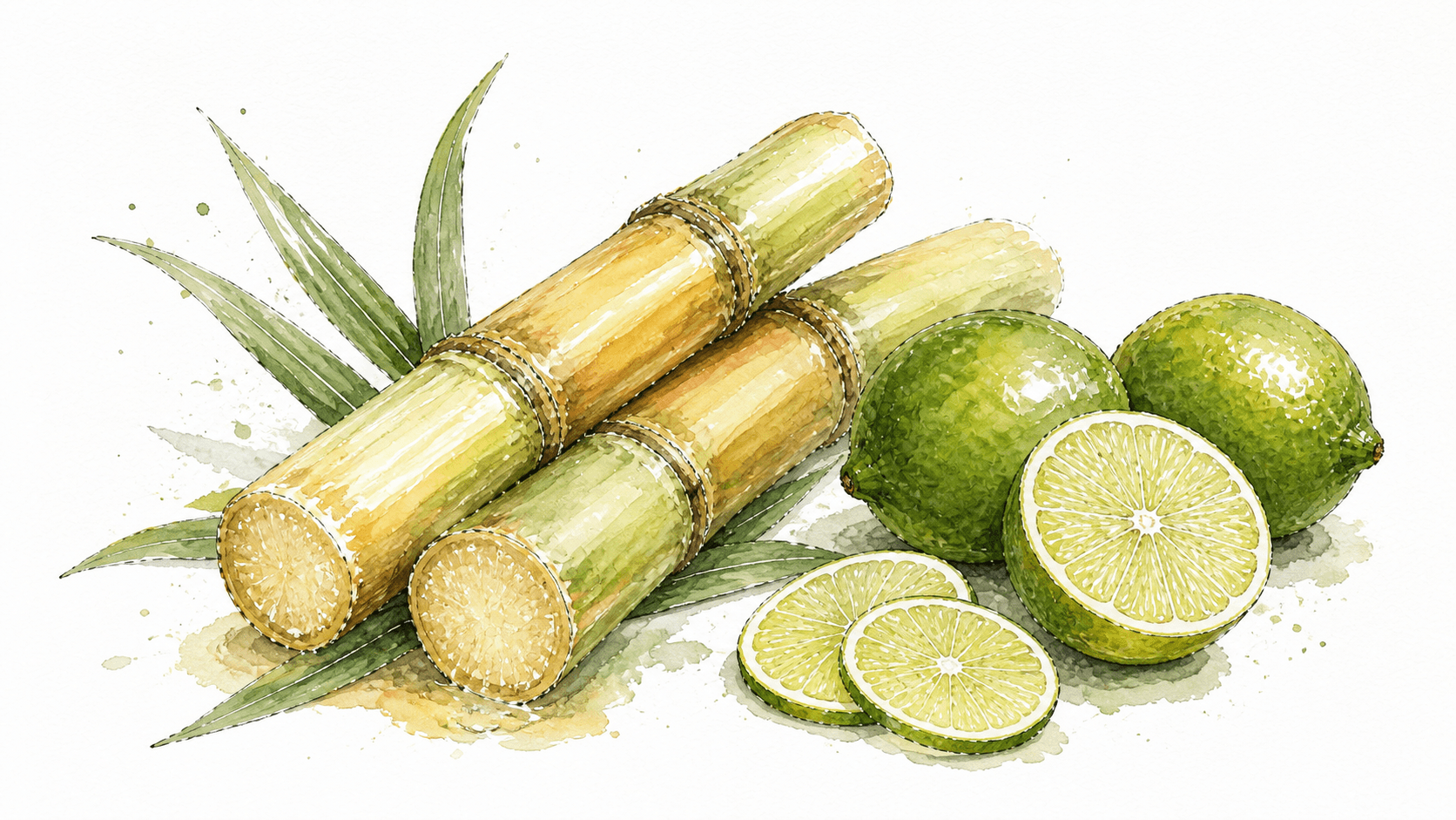 Watercolor botanical study of freshly cut sugarcane stalks, whole limes, a halved lime and lime wheels