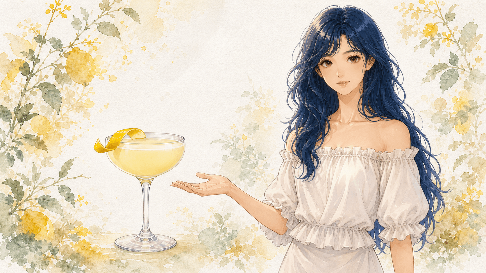 Watercolor illustration of the Bacchus Global guide character presenting a visibly cloudy pale-yellow Gimlet in a stemmed coupe with a thick yuzu-peel twist