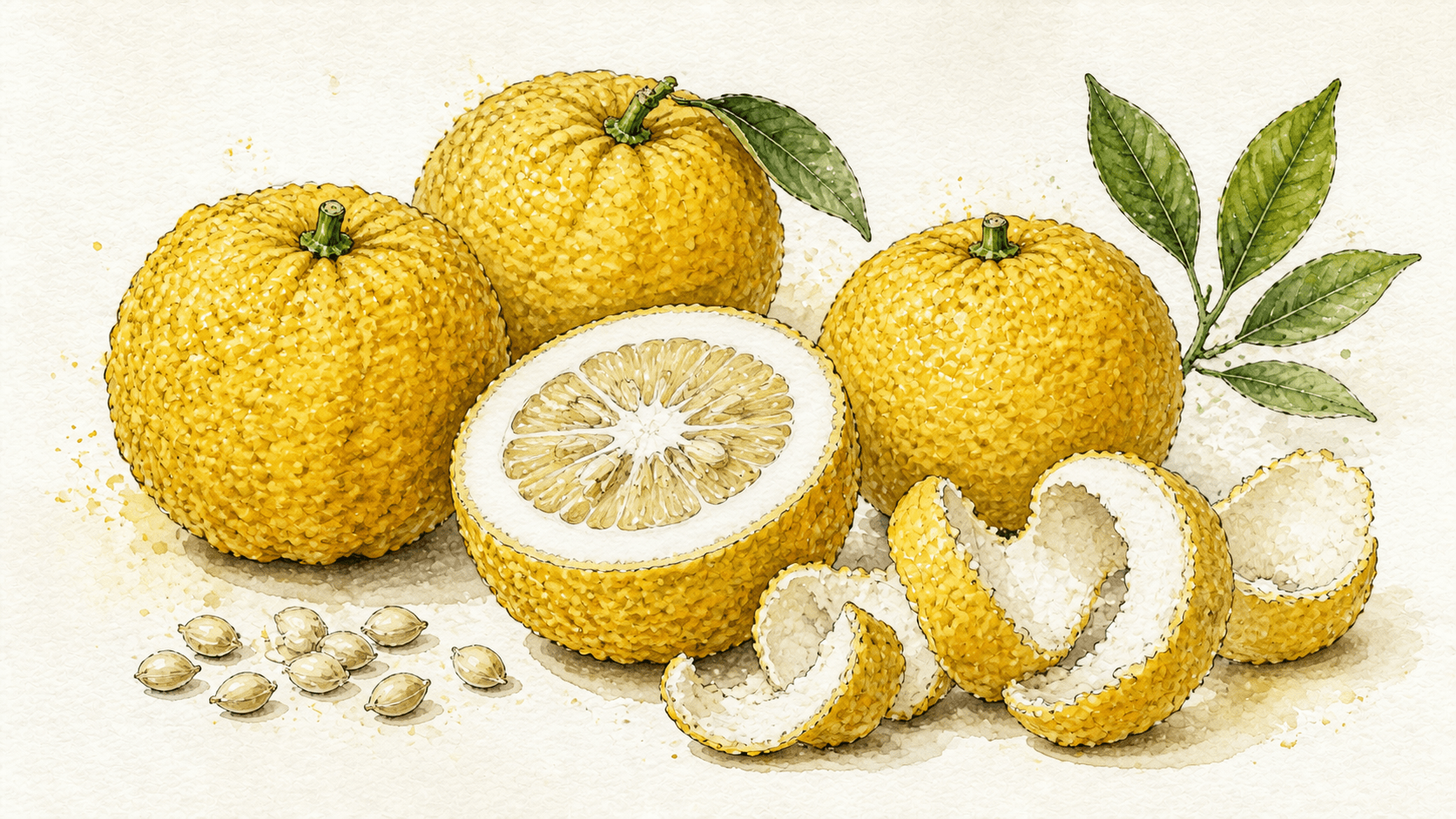 Watercolor botanical study of whole and halved yuzu, thick curling peels with visible white pith, seeds and leaves