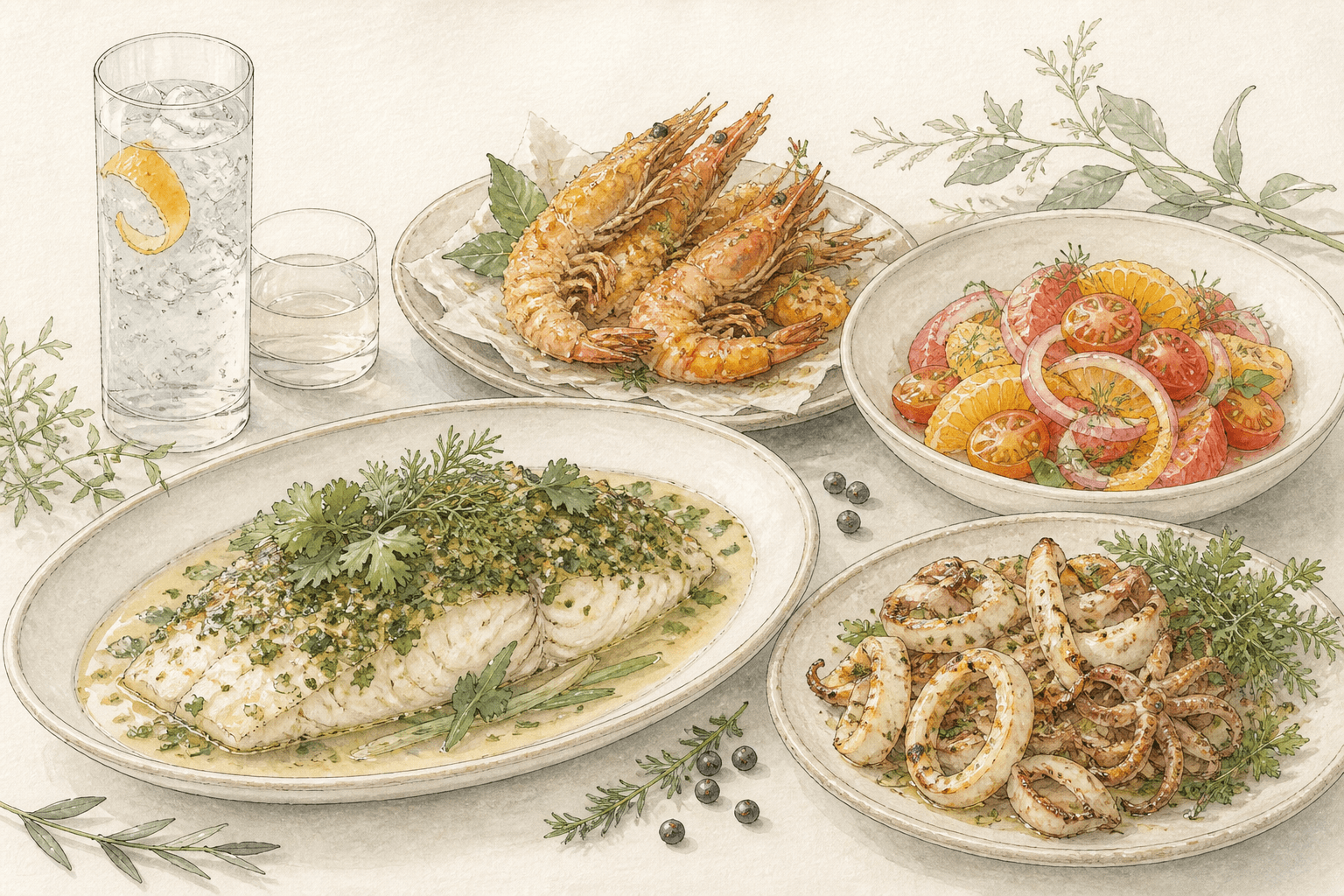 Watercolour illustration of pairing dishes
