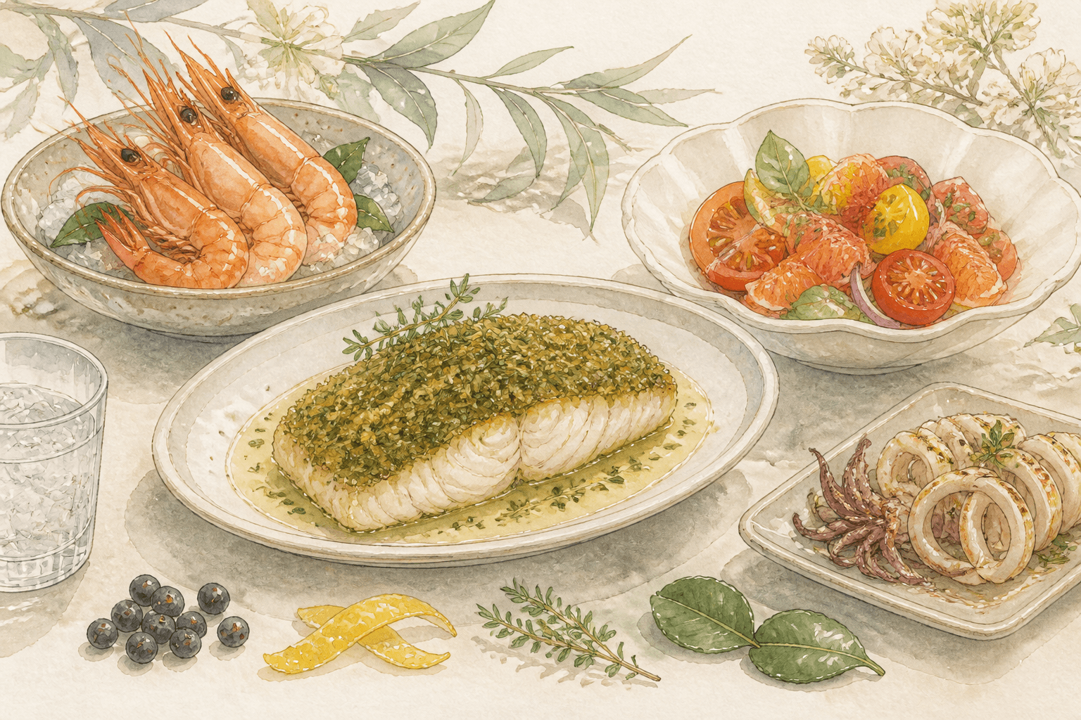 Watercolour illustration of pairing dishes