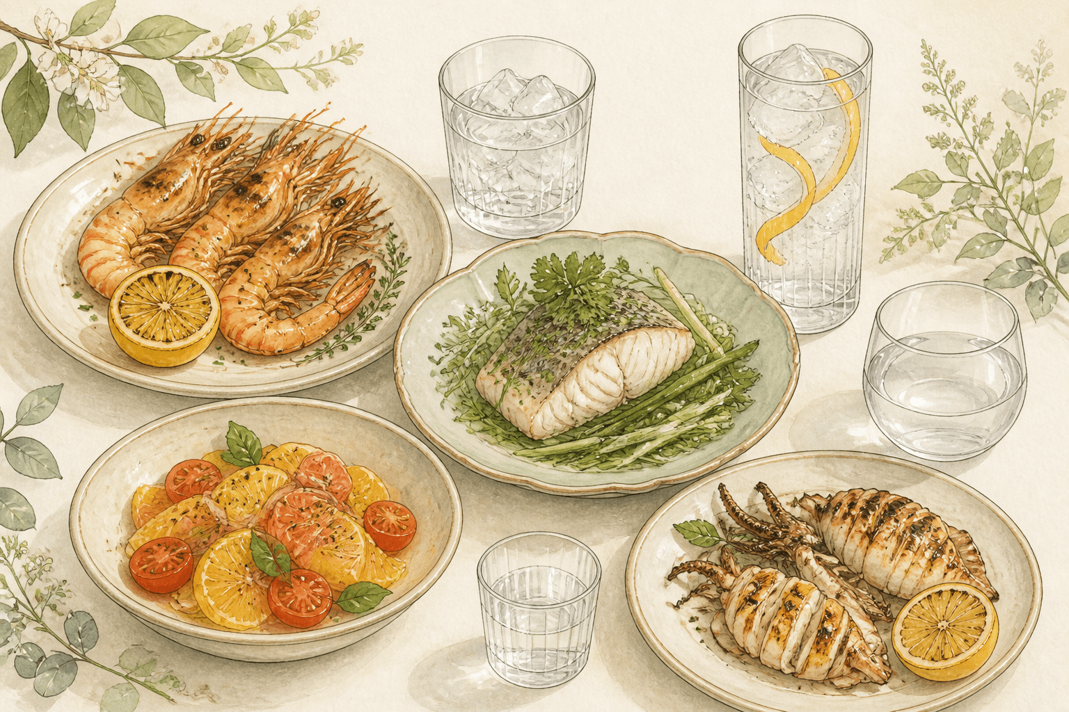 Watercolour illustration of pairing dishes