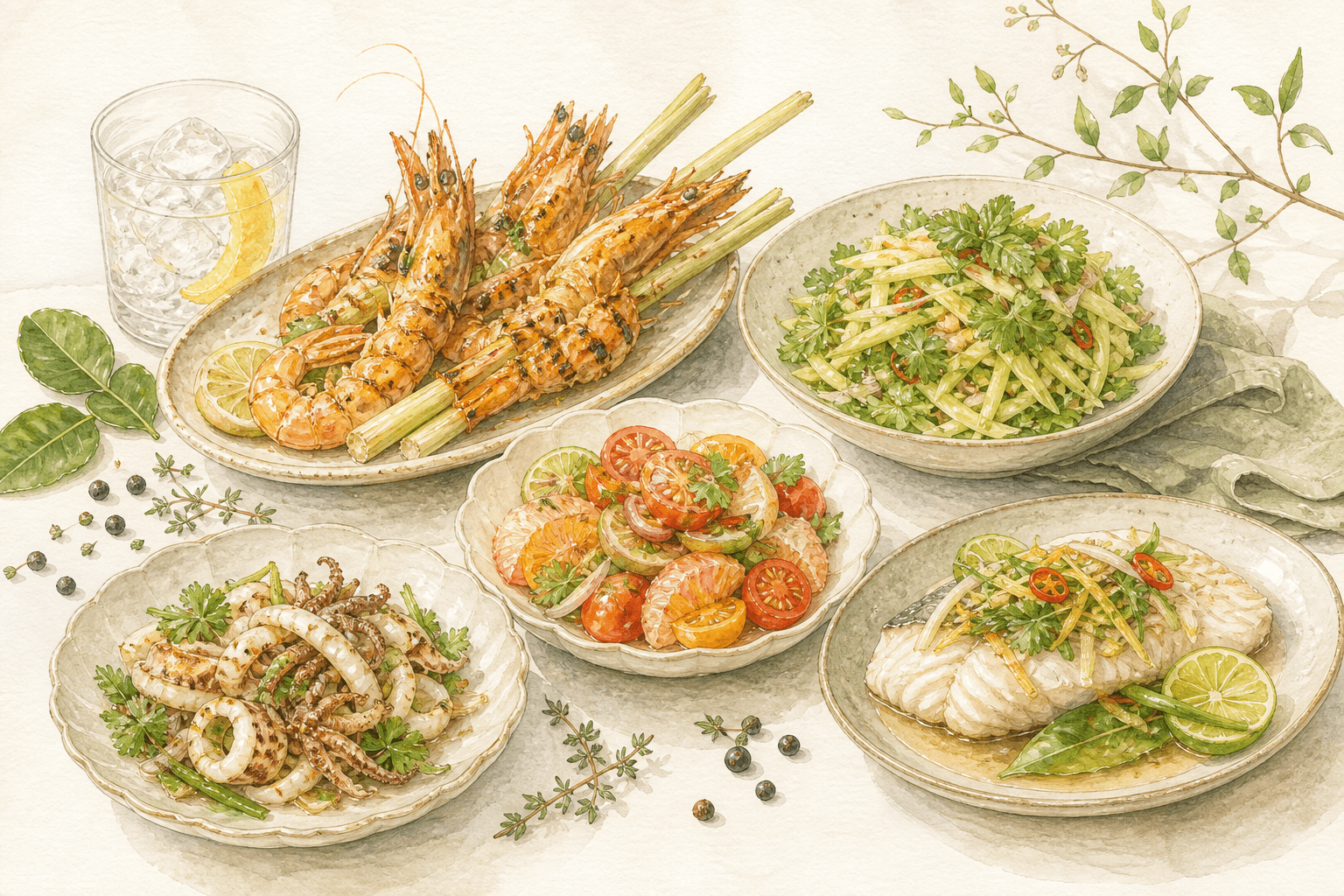 Watercolour illustration of pairing dishes
