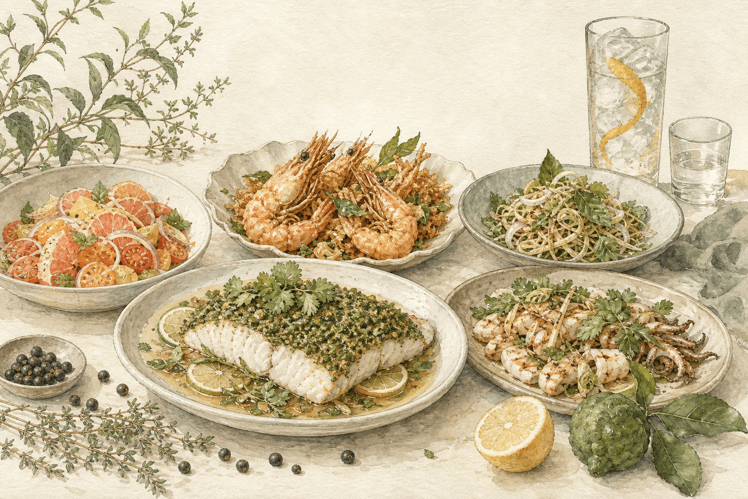 Watercolour illustration of dishes for gin pairing