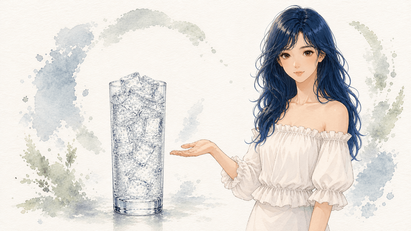 Watercolour illustration of the series guide beside a clear ice-filled Collins glass with rising bubbles and no garnish