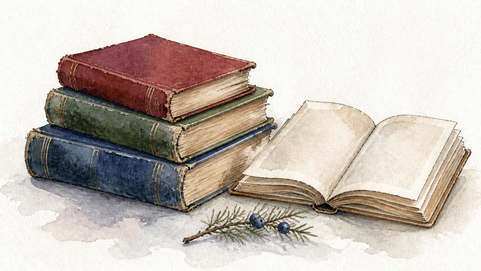 Watercolour still life of four blank antique books and a juniper sprig with three berries.