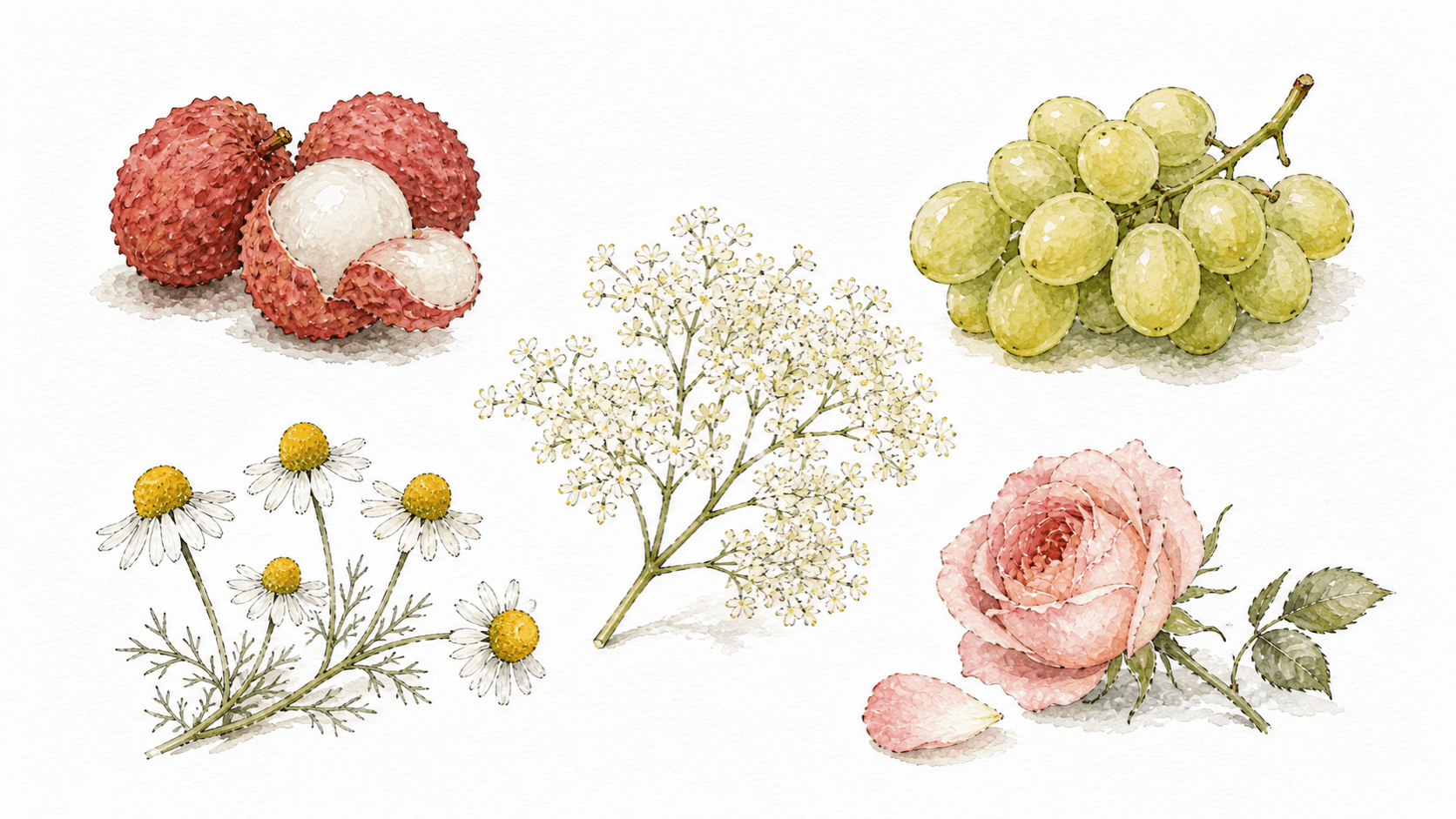 Watercolor aroma references for DAIYAME: lychee, muscat, elderflower, chamomile and rose