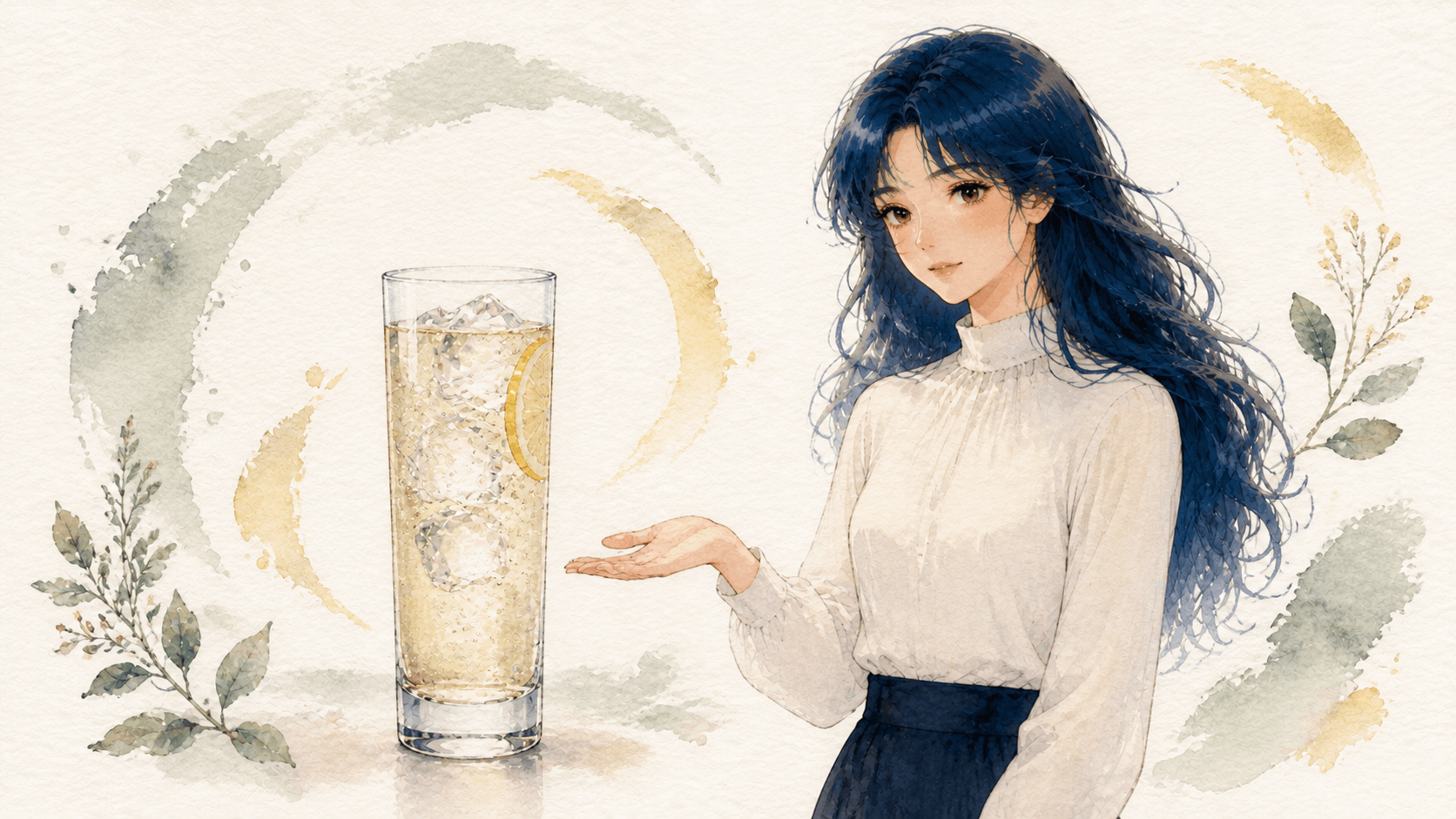 Watercolour illustration of a tall sparkling Highball and its two-part structure