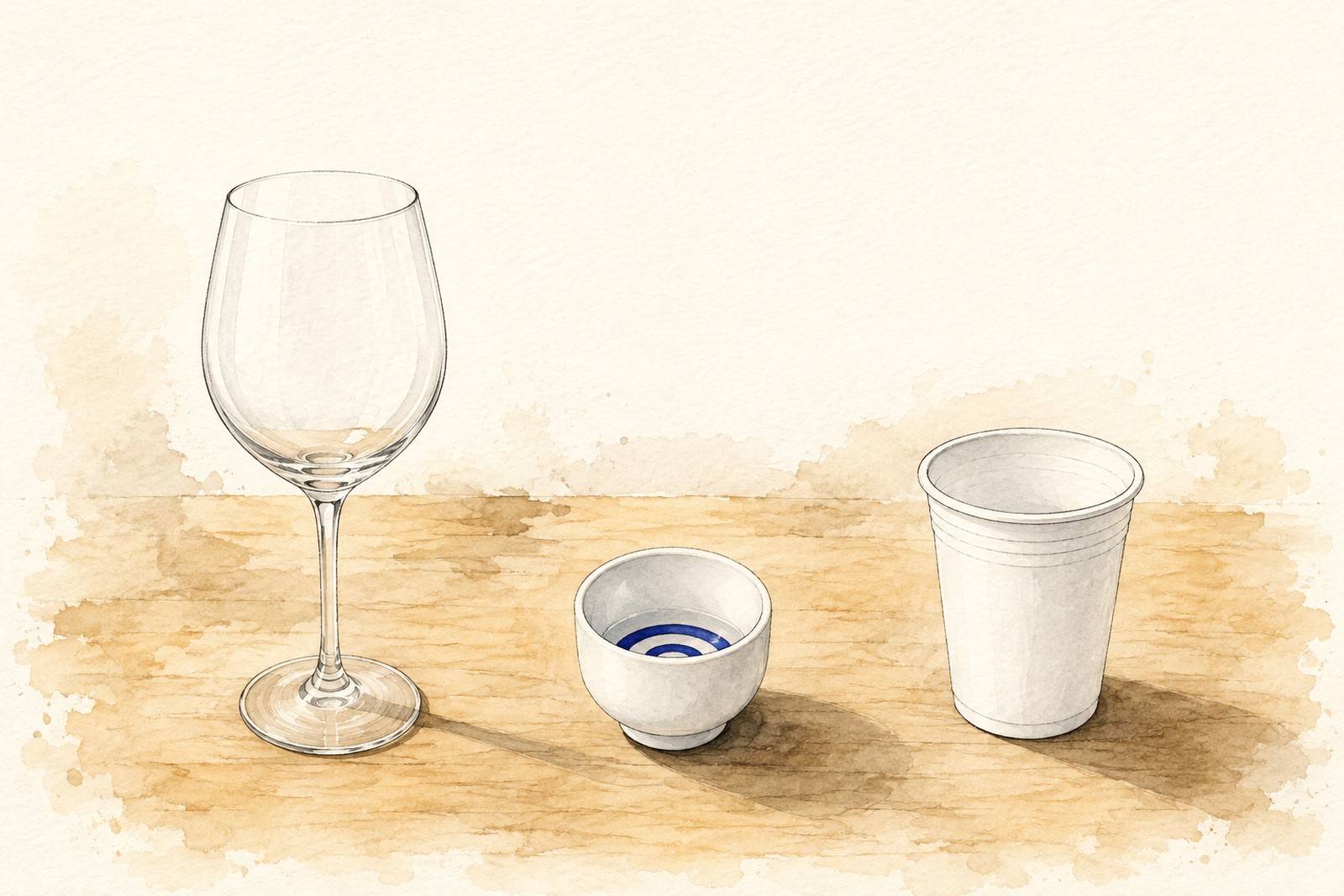 Watercolor illustration: three vessels set side by side on a table — a long-stemmed wine glass, a white porcelain cup with two blue concentric circles at its base, and a plain white cylindrical cup