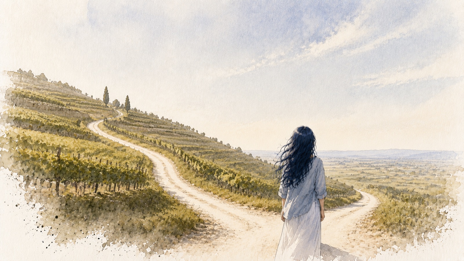Watercolour illustration: a country path forking in two, with terraced vineyard hills on one side
