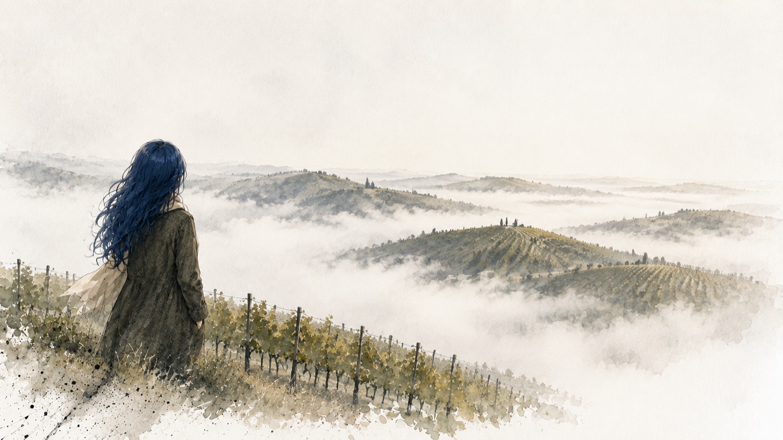 Watercolour illustration: fog filling the valleys of the Langhe, with vine-covered ridges rising above it