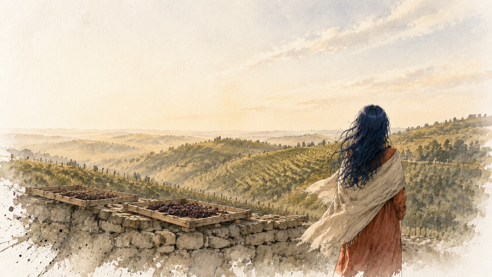 Watercolour illustration: wooden slatted trays on a dry-stone wall, with the hills of Valpolicella in afternoon light