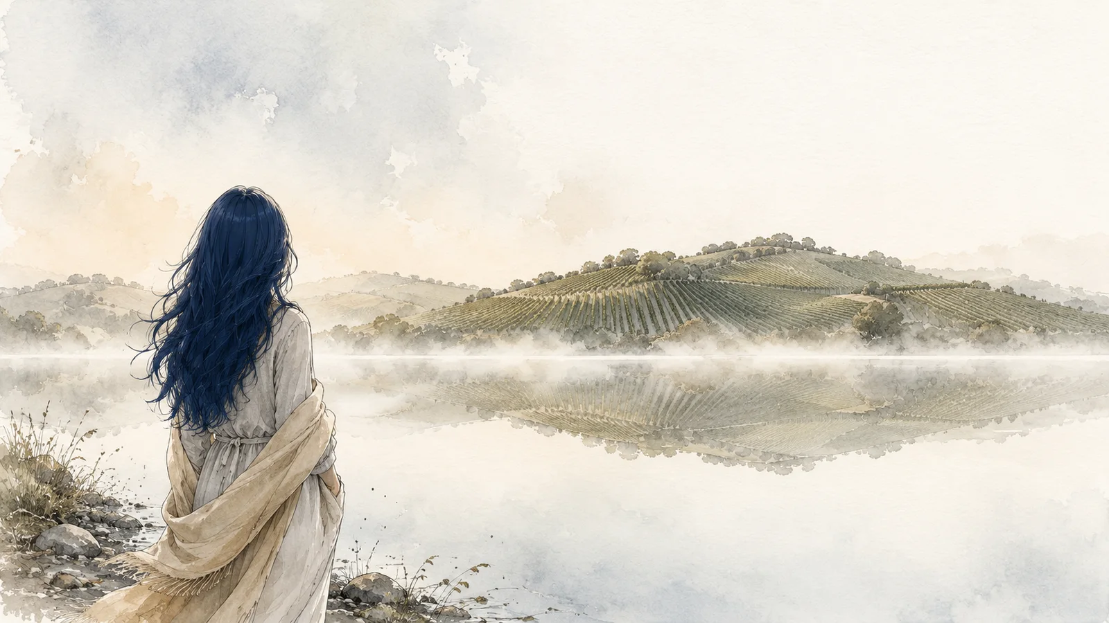 Watercolour illustration of a woman looking across a lake toward vineyard-covered hills in Franciacorta