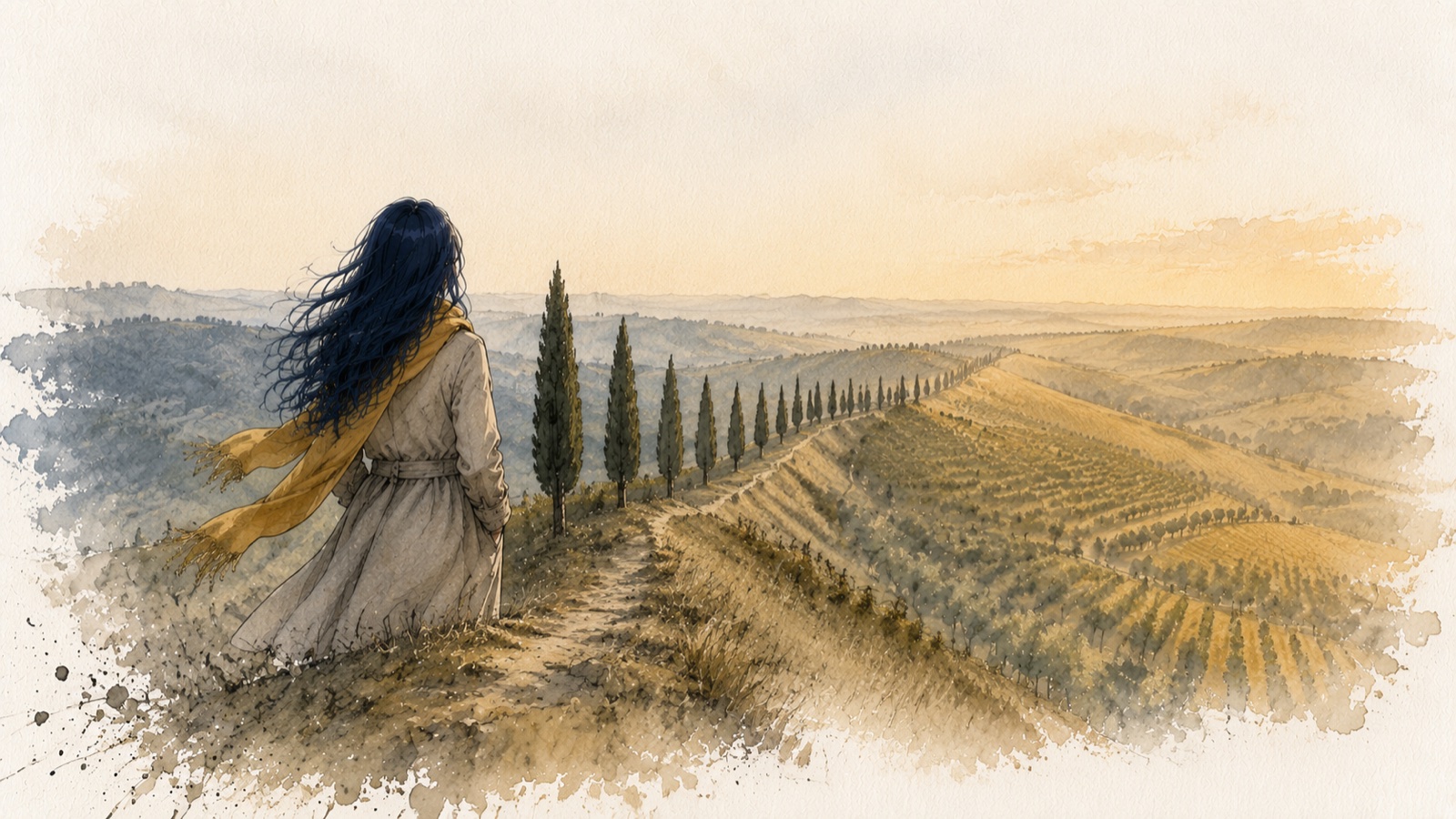 Watercolour illustration: a line of cypress trees along a ridge, with the last evening light on one valley