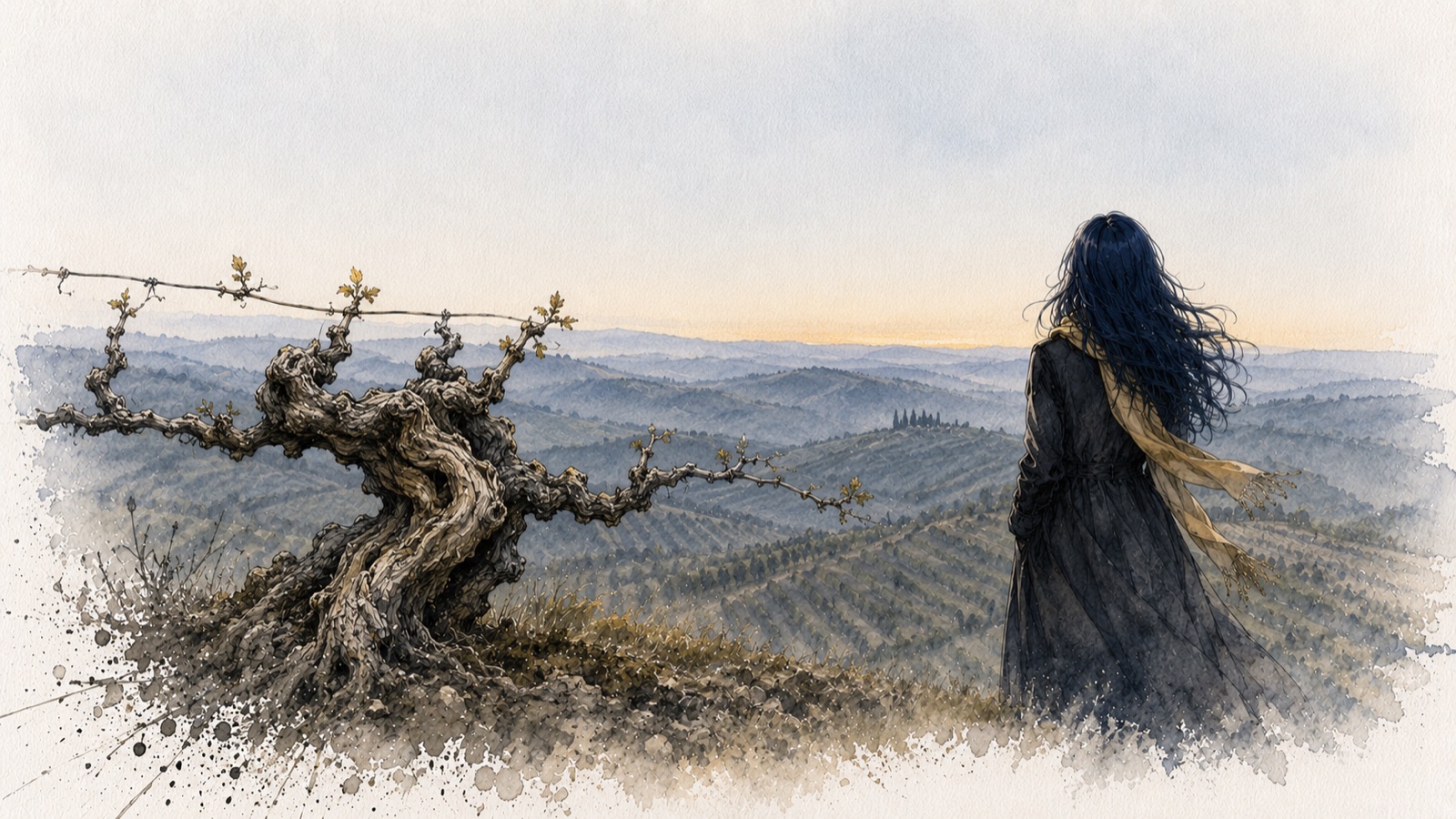 Watercolour illustration: a single old gnarled grapevine, with the hills of Montalcino at blue hour