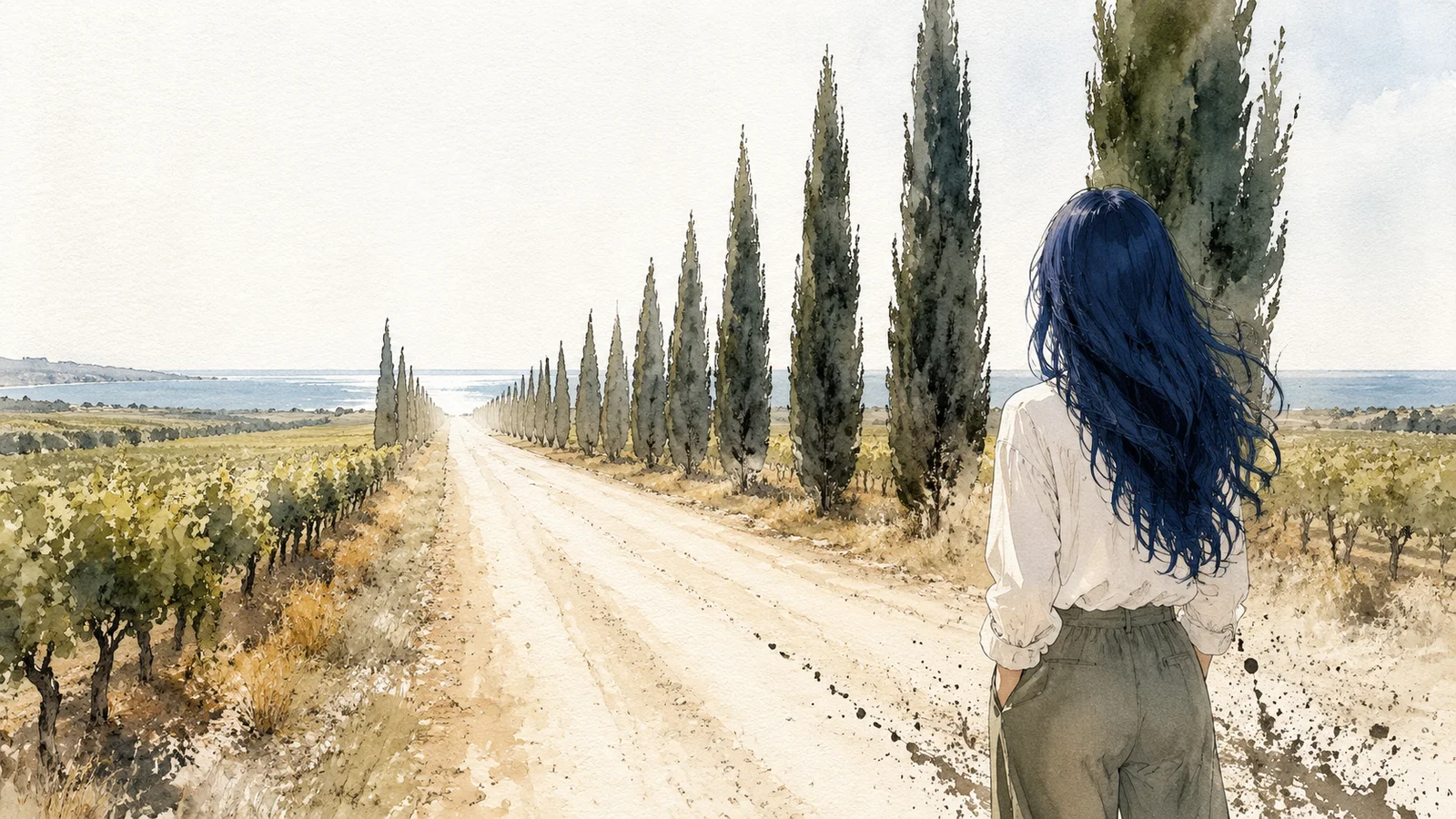 Watercolour illustration of a woman beside a cypress-lined road through the vineyards of Bolgheri