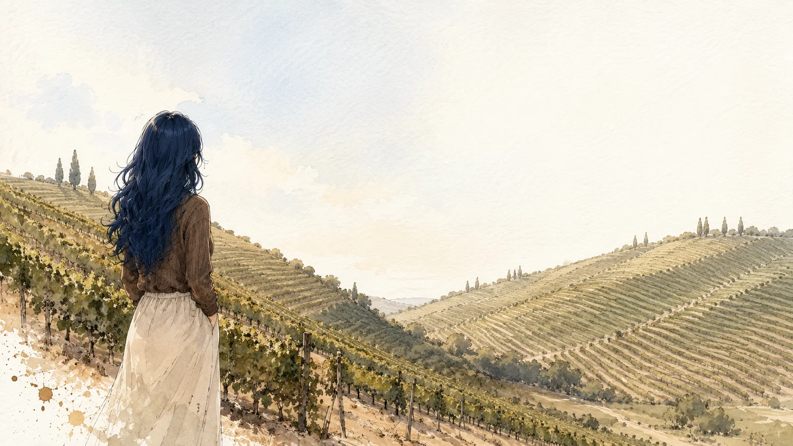 Watercolour illustration of a woman looking across the vineyard hills associated with Barbaresco