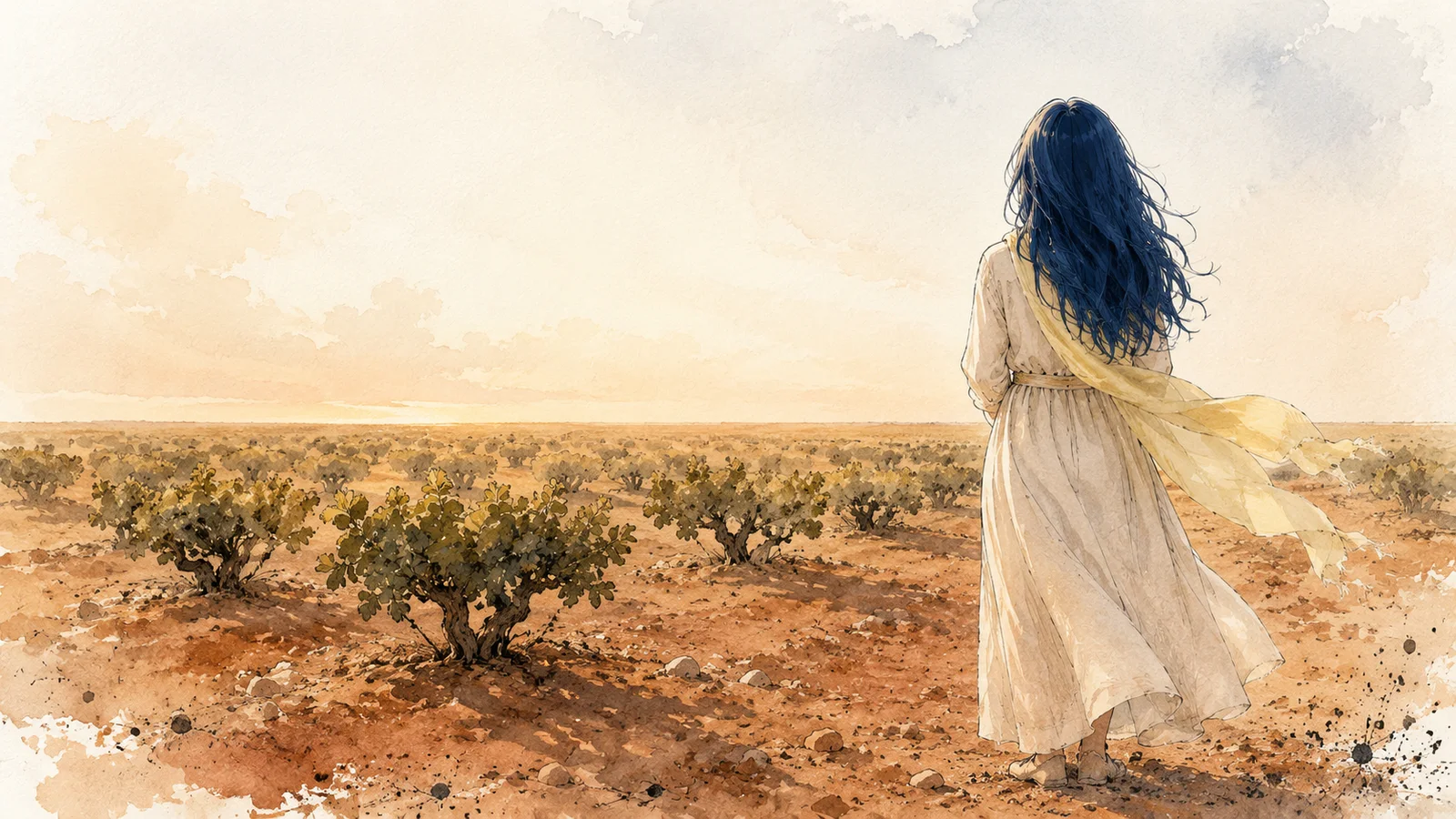 Watercolour illustration of a woman among low-trained vines on the red soils associated with Primitivo