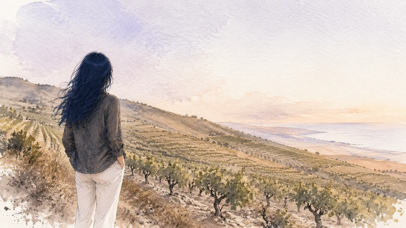 Watercolour illustration of a woman overlooking dry coastal vineyard slopes associated with Nero d'Avola