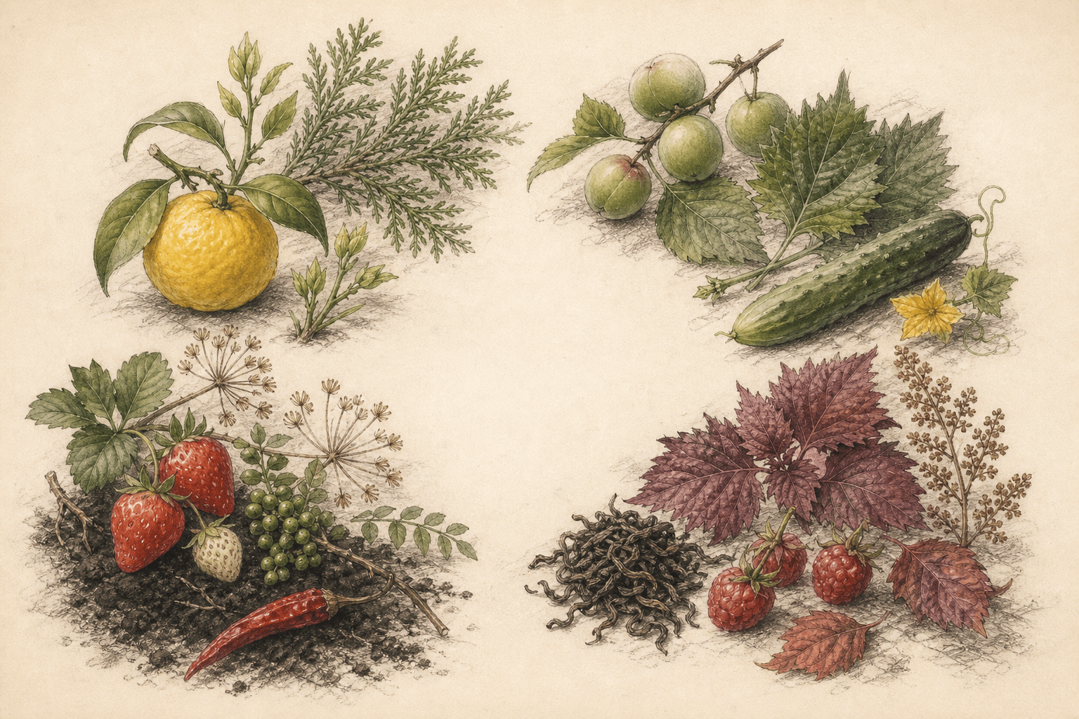 Botanical sketch of four seasonal ingredient groups used to explain the WAKA series