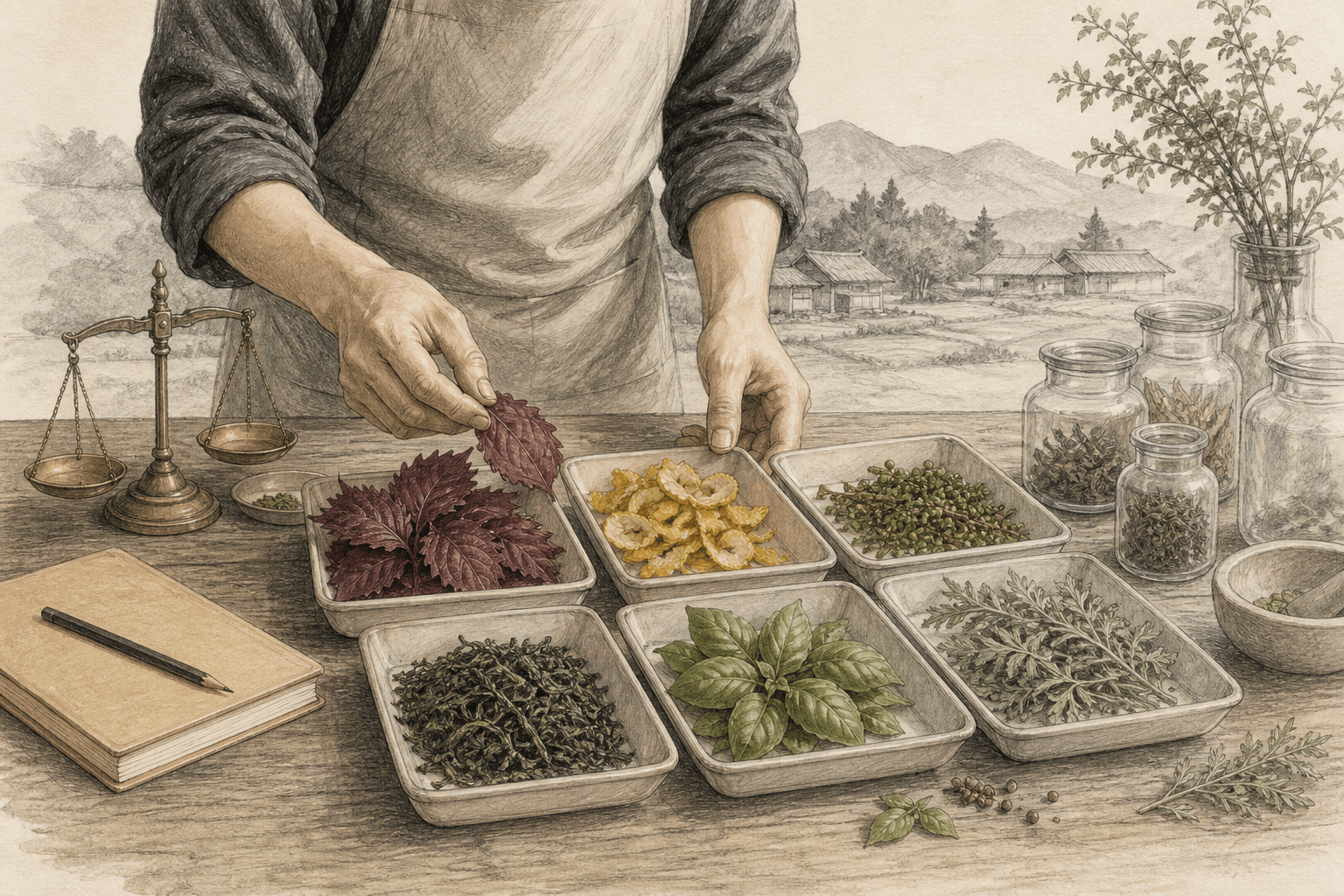Editorial sketch of a producer sorting Japanese botanicals on a workbench