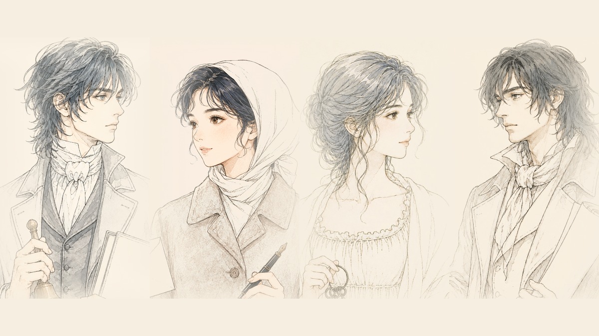Line-art illustrations of four figures from the histories of these estates