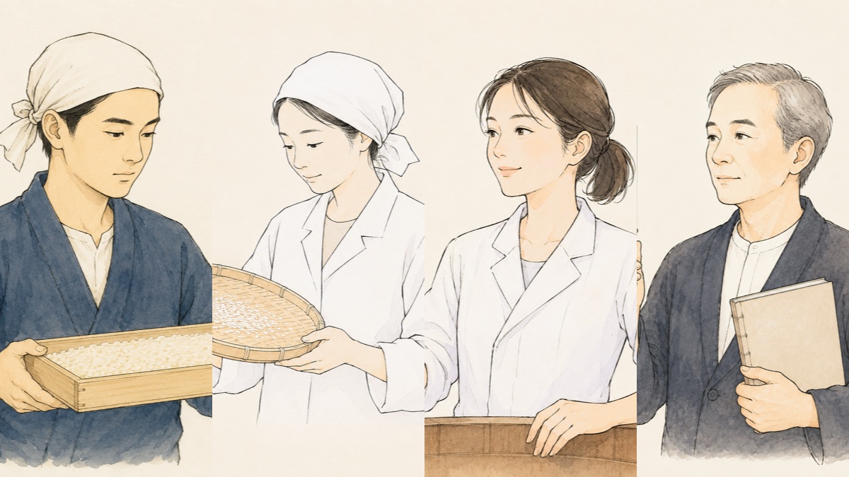 Line-art illustrations of four figures from the histories of these sake breweries
