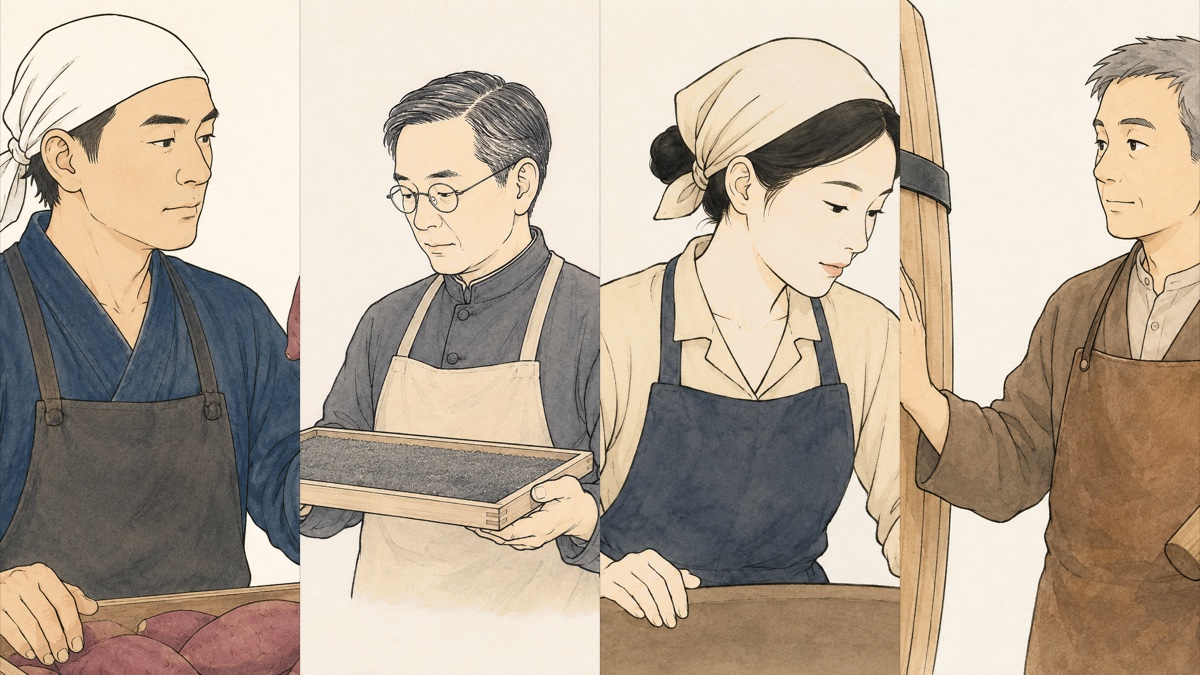 Line-art illustrations of four figures from the work of these distilleries