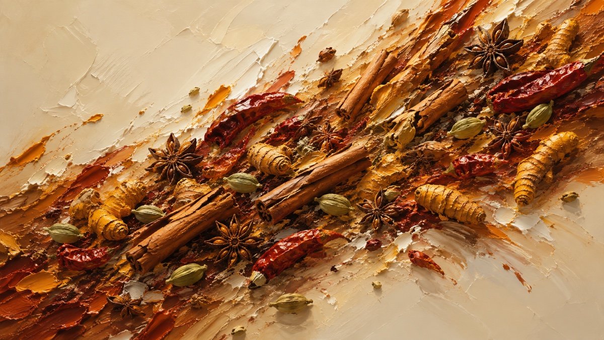 An impasto oil painting of spices and a cooking pot