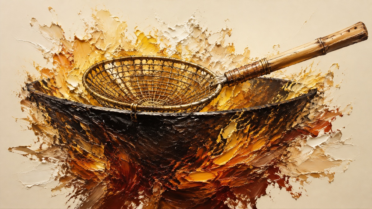 An impasto oil painting of a wire skimmer and an iron wok