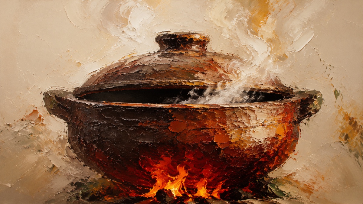 An impasto oil painting of an earthenware pot over a flame