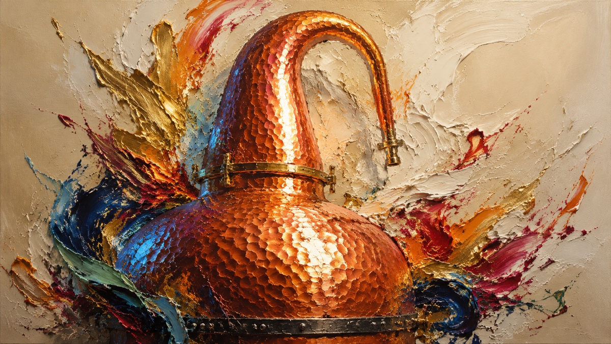 An impasto oil painting of a copper pot still