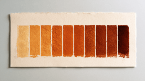 Woodblock-printed colour proof sheet showing a gradation from pale straw to deep amber