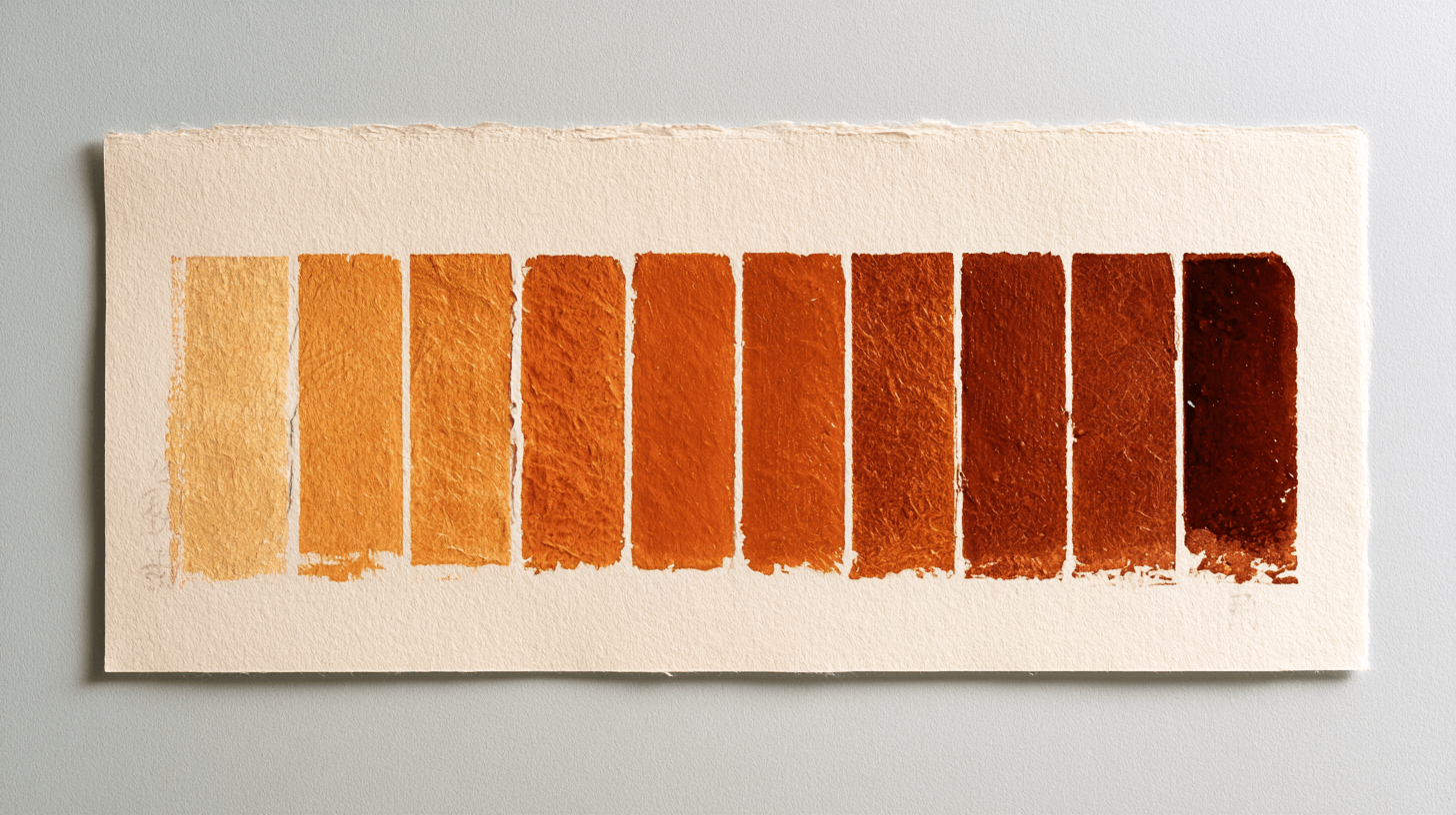 Woodblock-printed colour proof sheet showing a gradation from pale straw to deep amber