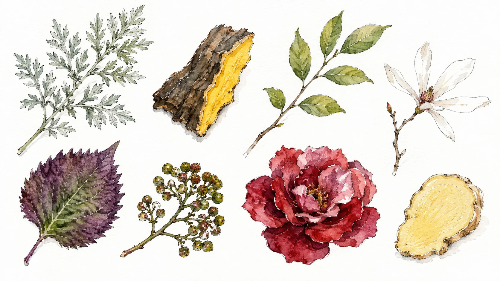 Watercolour study of rice, koji rice, wormwood, kihada bark, kuromoji, sansho, shiso, rose, ginger, and vanilla.