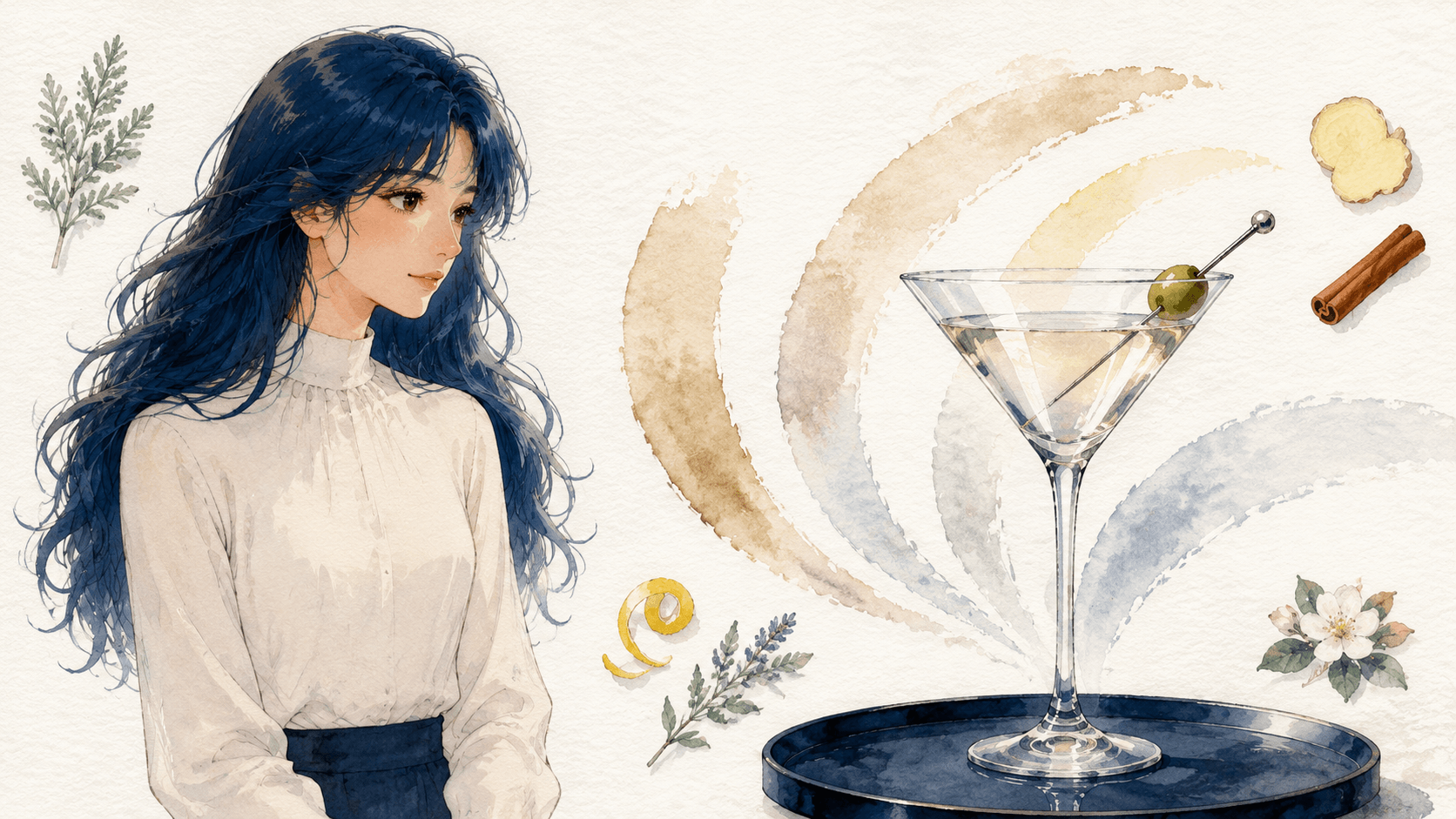Watercolor illustration of a Martini glass with an olive and the Bacchus Global guide character