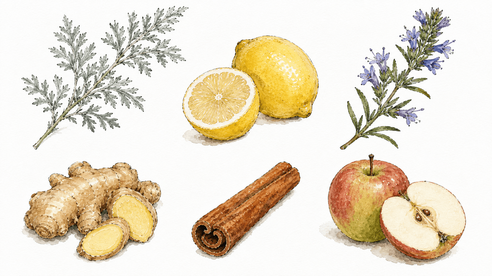 Watercolor botanical study of AO-ONI DRY ingredients: wormwood, lemon, hyssop, ginger, cinnamon, and apple
