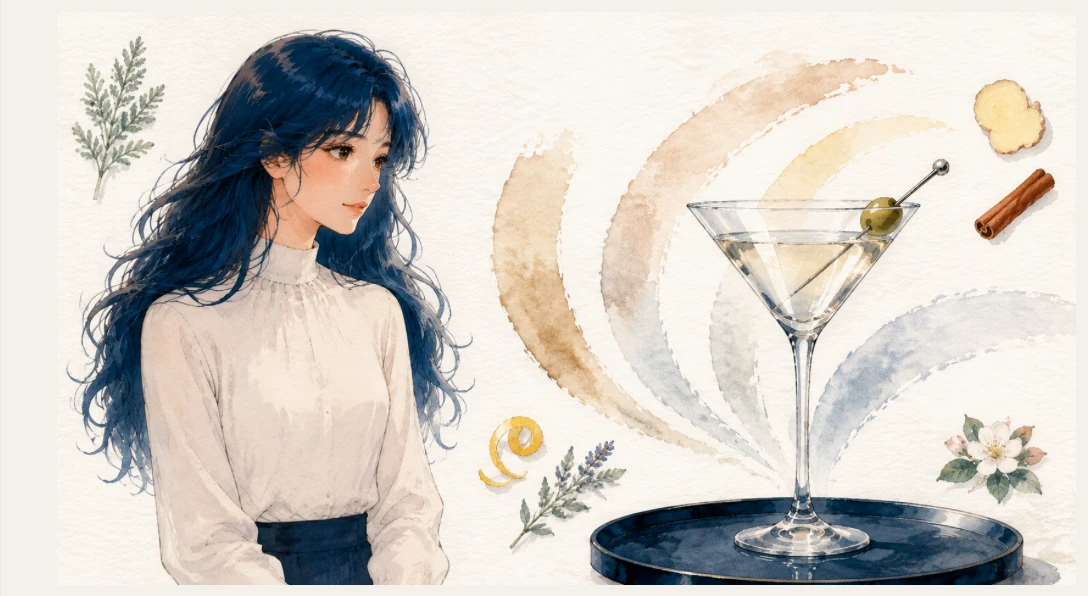 Watercolour illustration of a Martini glass with an olive and the five-part transformation of the drink