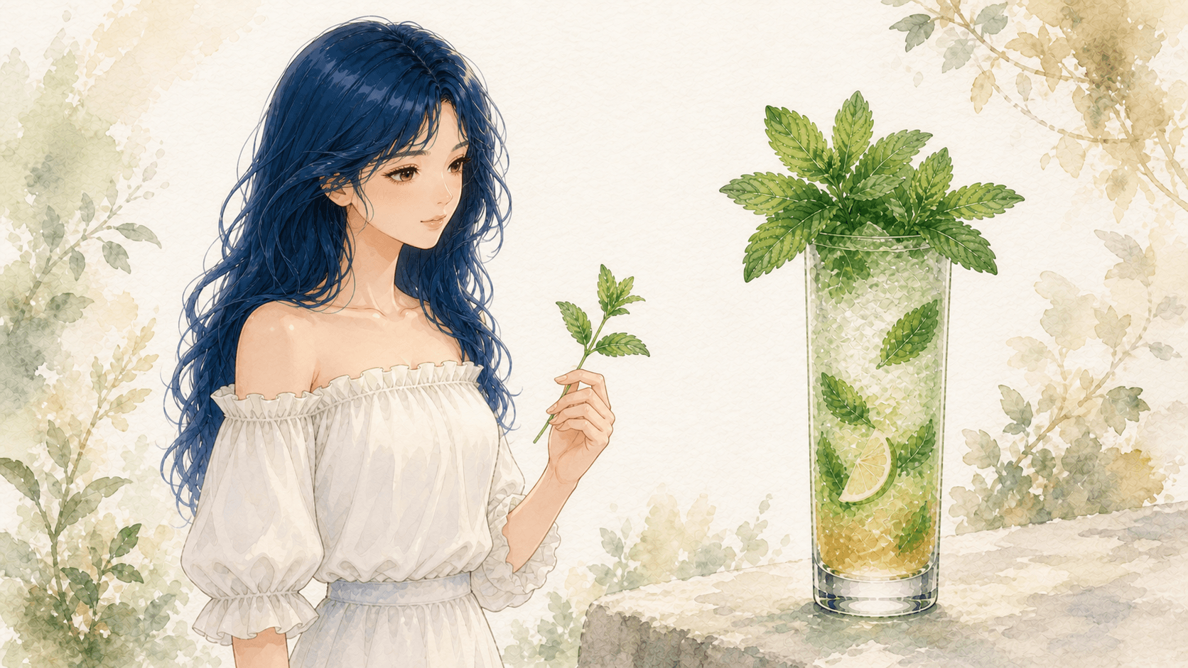 Watercolor illustration of the Bacchus Global guide character in three-quarter profile holding a mint sprig, with a tall Mojito in the right foreground