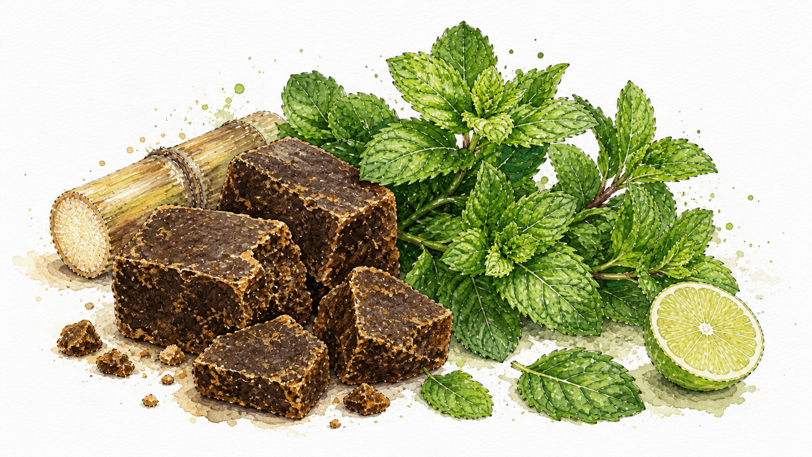 Watercolor botanical study of dark unrefined kokuto blocks and abundant mint, with a small sugarcane section and halved lime