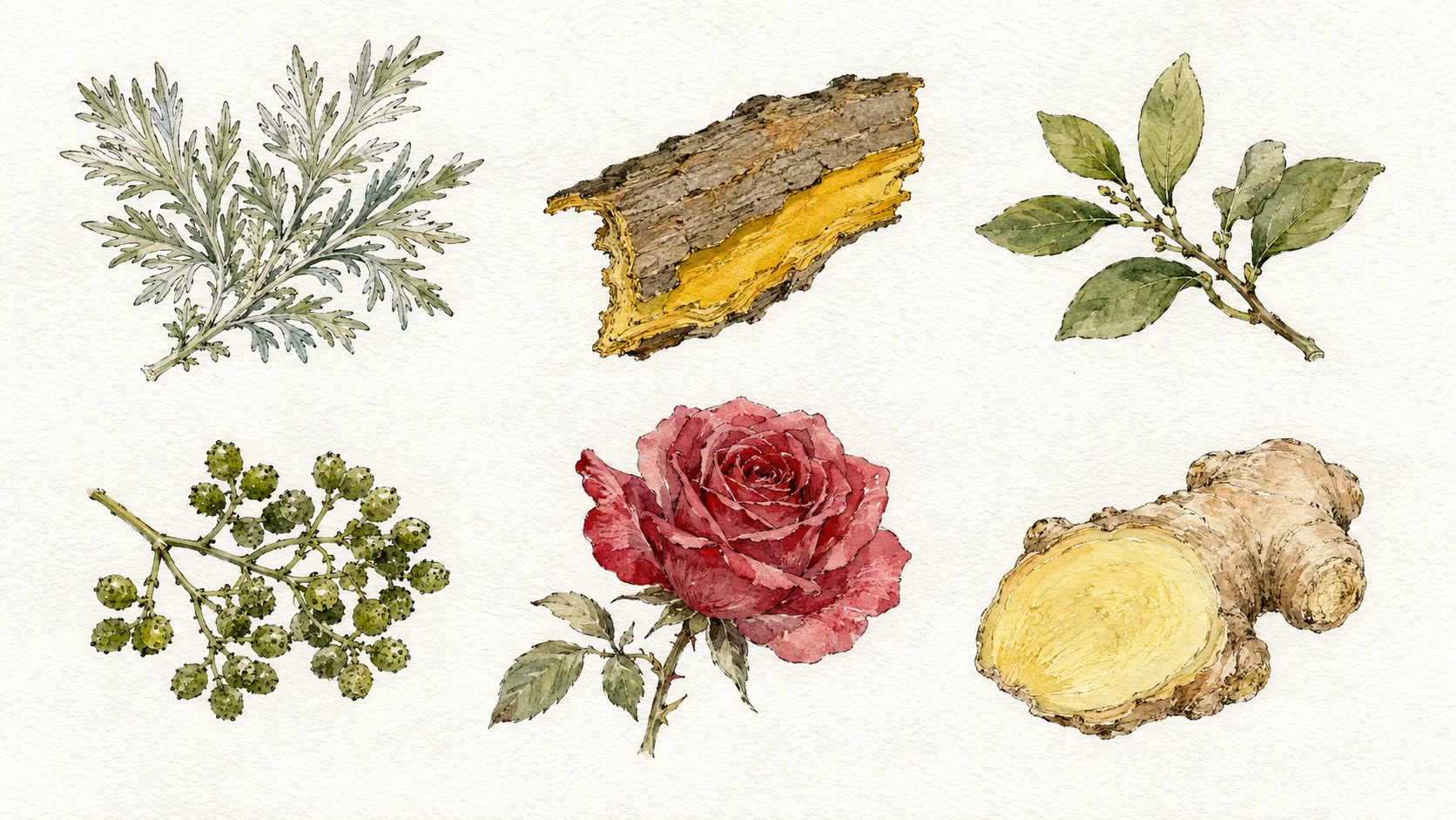 Watercolour study of wormwood, kihada bark, kuromoji, sansho berries, rose, and ginger.