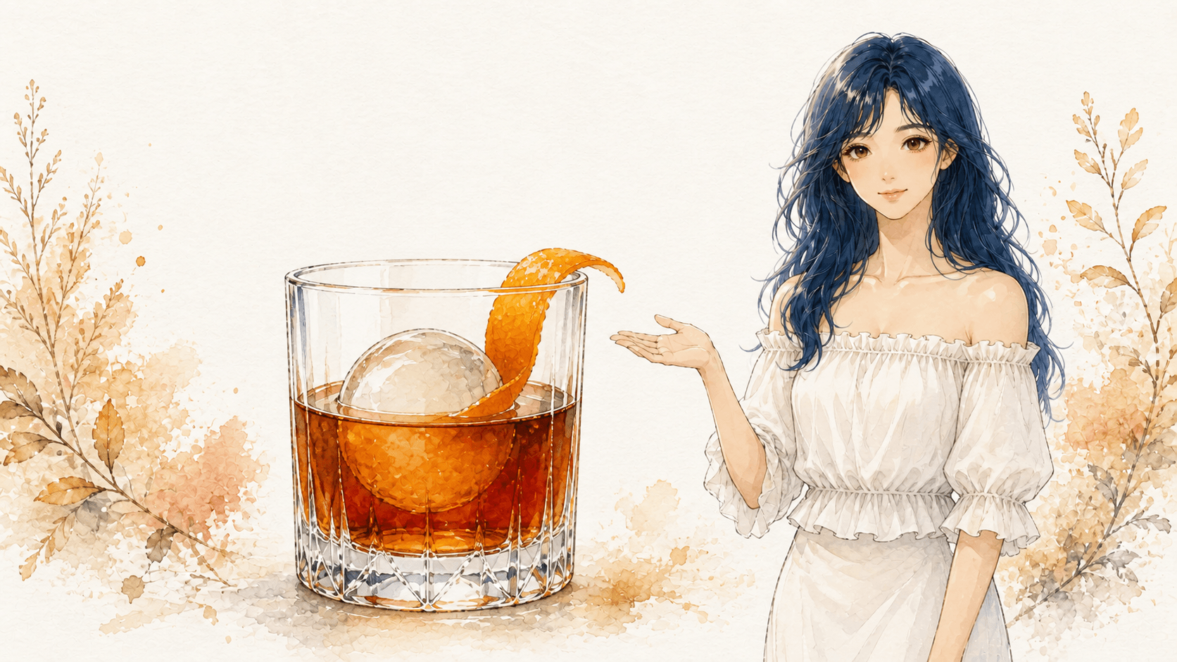 Watercolour illustration of a mahogany-amber Old Fashioned with one large sphere of ice