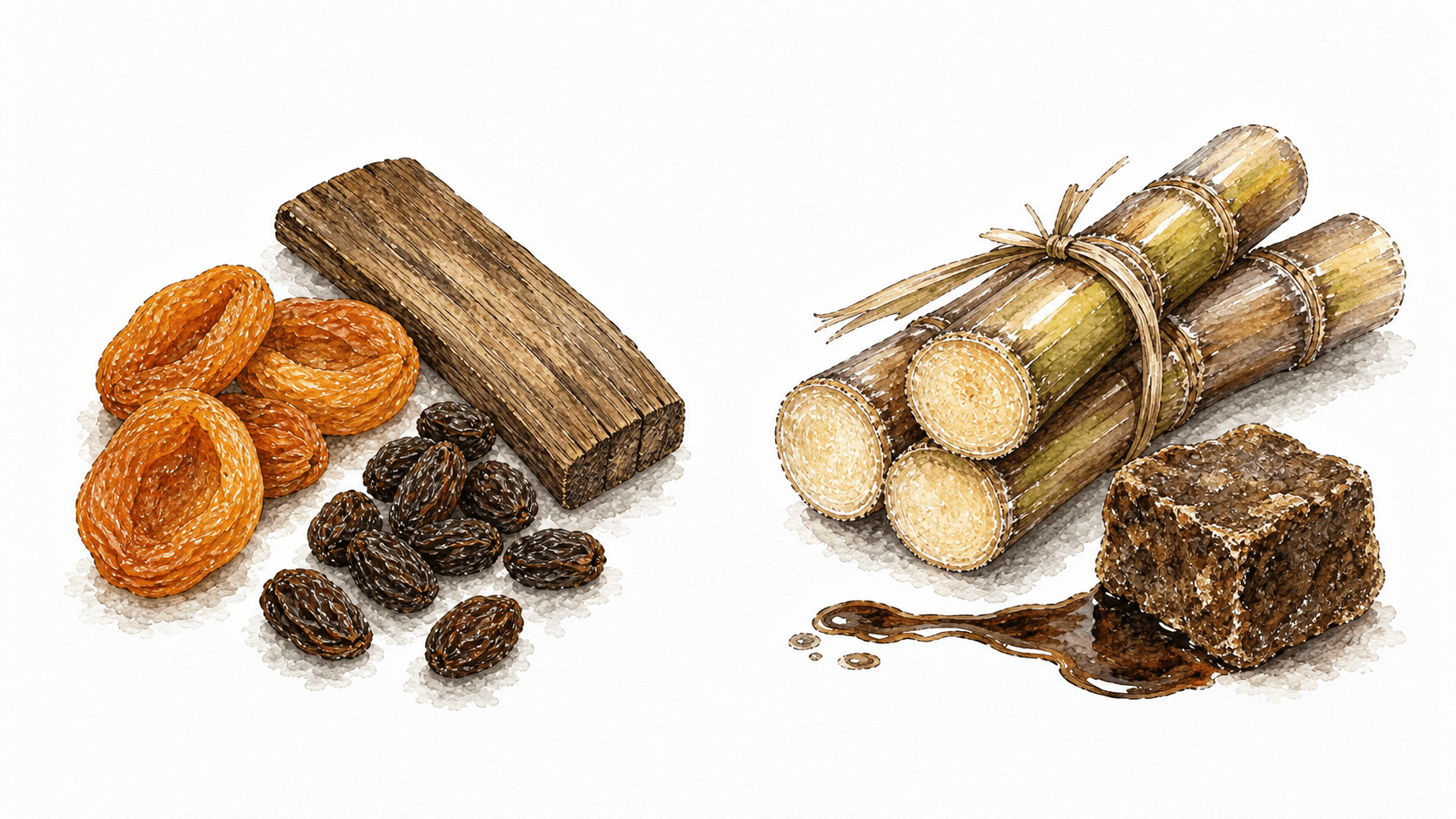 Watercolor comparison of grape-derived barrel sweetness with dried apricot, raisin and oak, and sugarcane-derived sweetness with sugarcane and kokuto