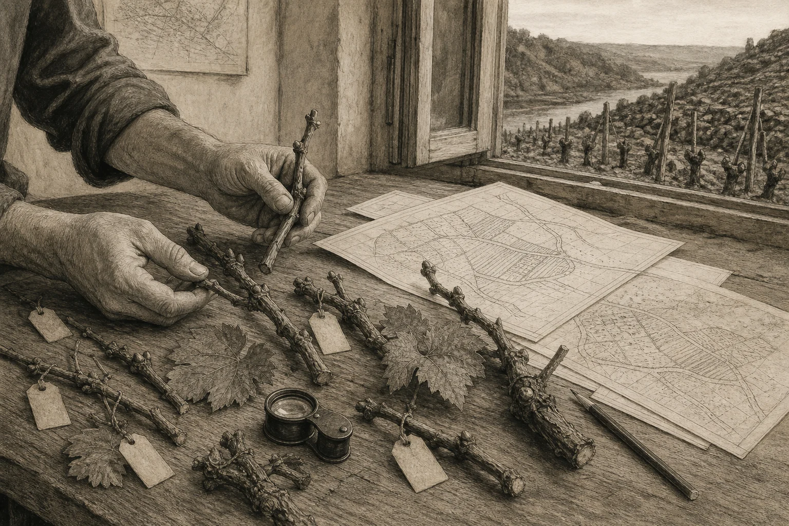 Charcoal study of Chenin vine cuttings and vineyard maps on a worktable