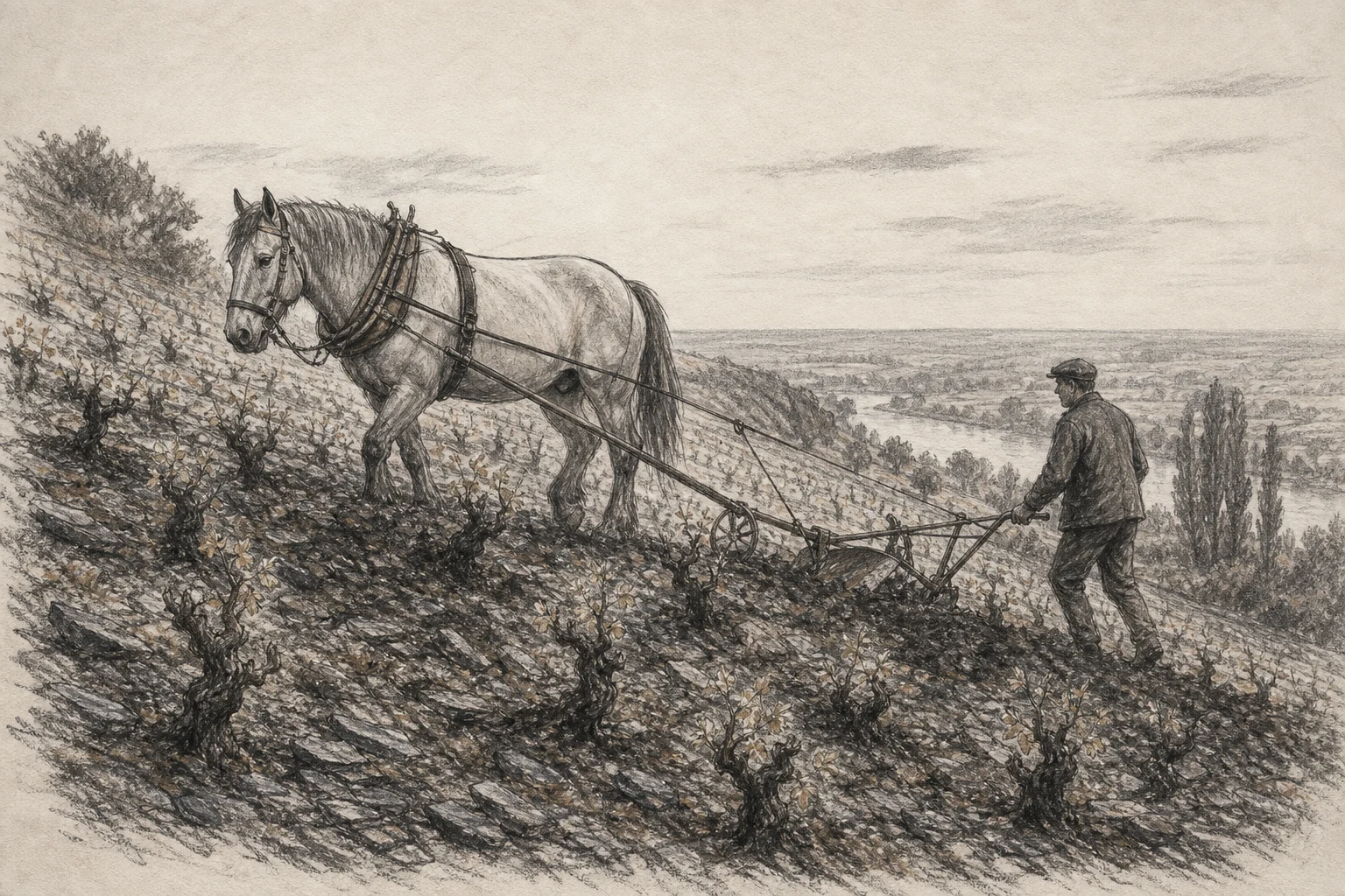 Charcoal drawing of horse cultivation on a steep old-vine Chenin parcel above the Layon valley