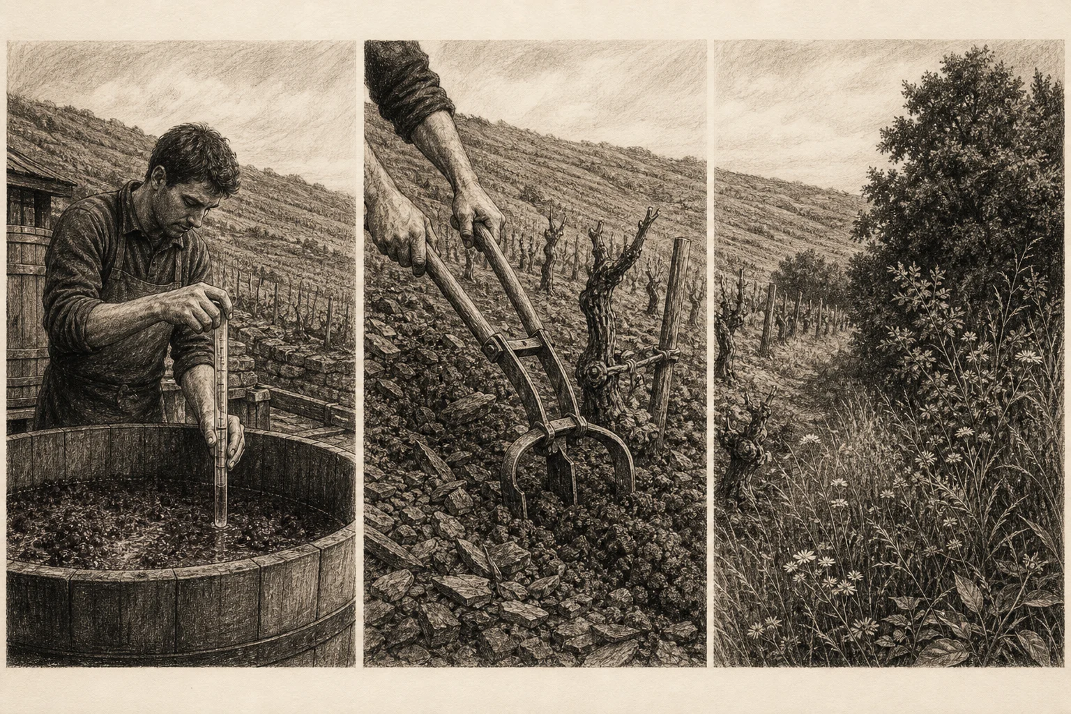 Three charcoal studies of measurement, soil cultivation and a biodiverse vineyard edge