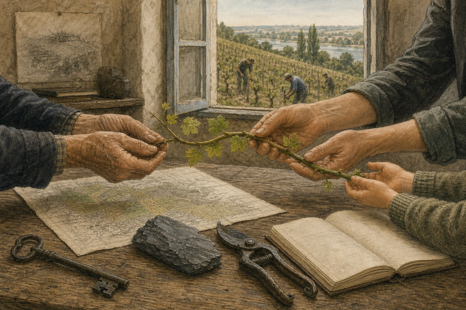 Editorial sketch of hands passing a living vine cutting above a parcel map, schist and vineyard tools